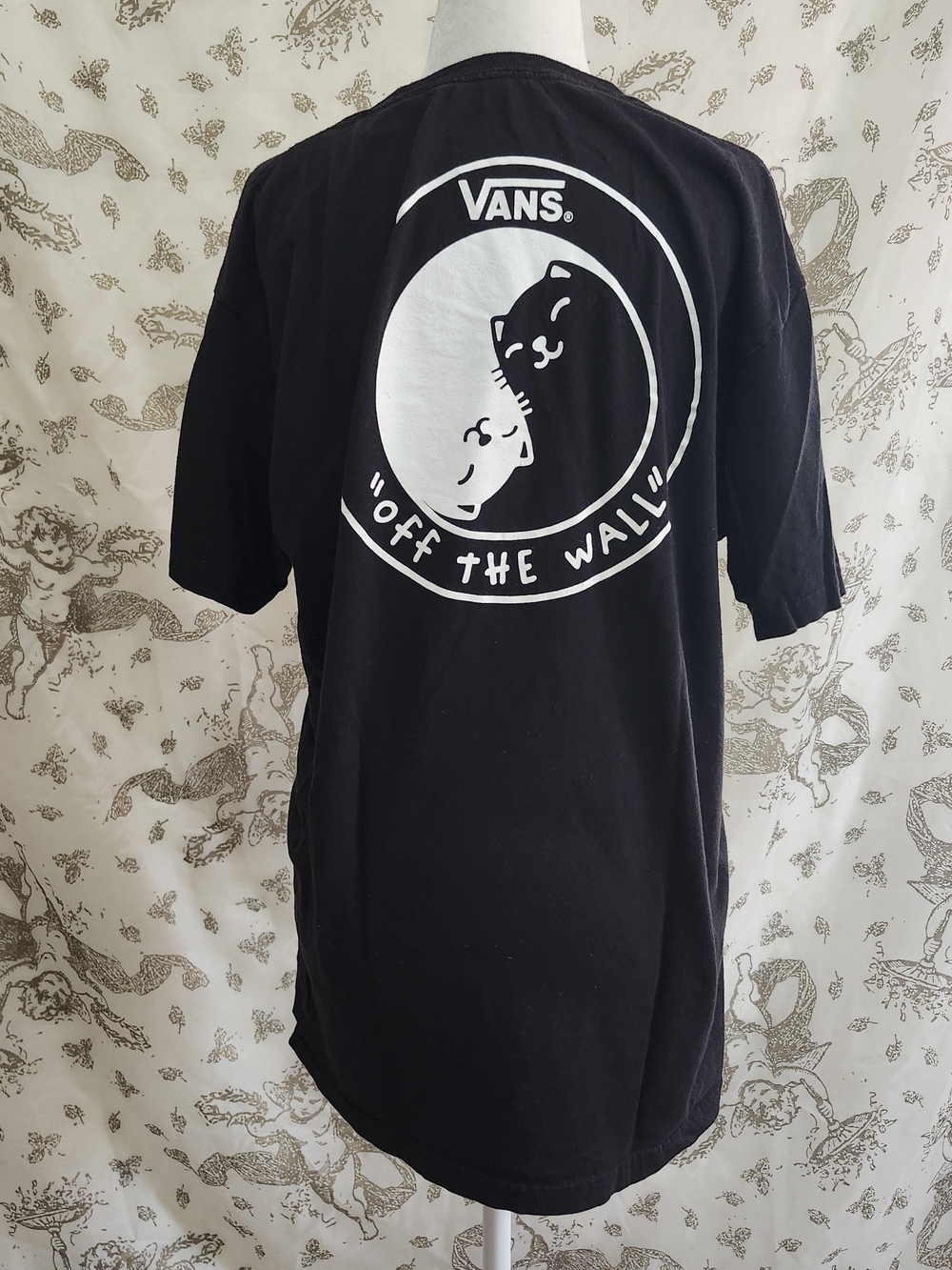 Vans Black T-Shirt with White Cat Yin-Yang Graphic L